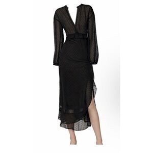 Zara Black Sheer Swiss Dot Sheer Midi Dress XS NWT Long Sleeve V Neck Side Slit